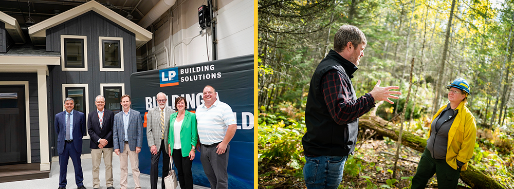 Photo montage of a group of professionals standing in front of a LP Building Solutions banner, and two foresters having a discussion in the woods