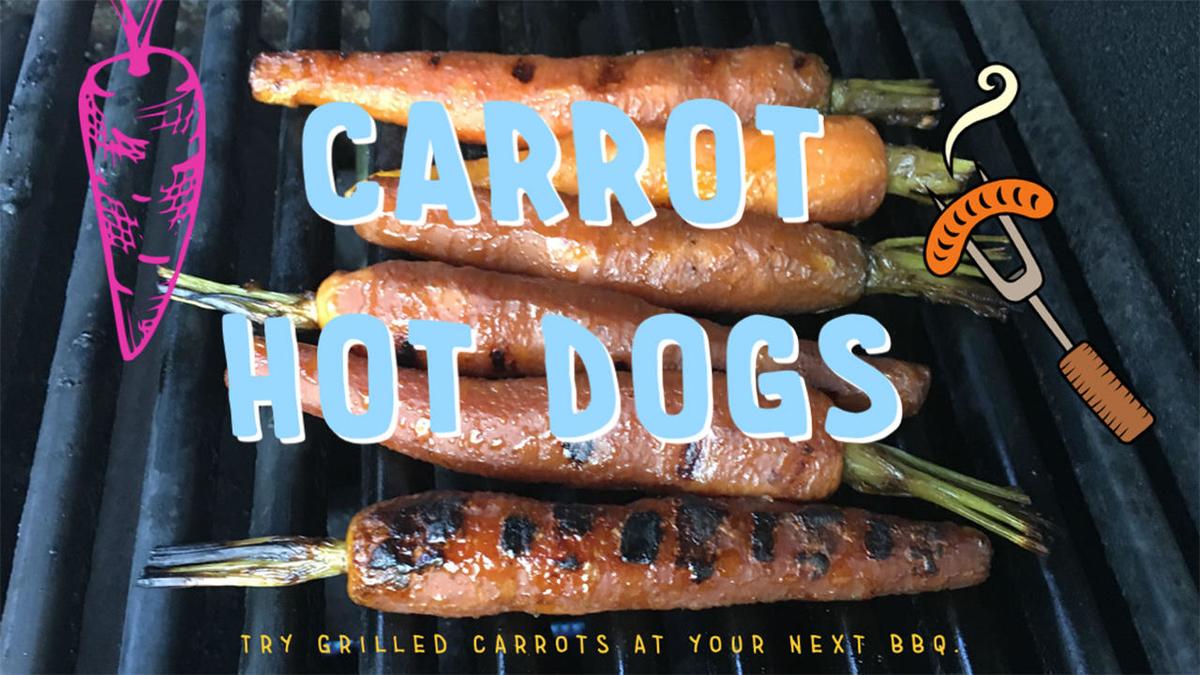 Grilled Carrots on the grill with text Carrot Hot Dogs, Try grilled carrots at your next bbq
