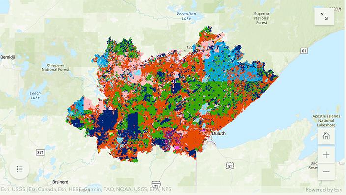 Plotting forest lands on a map of northern Minnesota.
