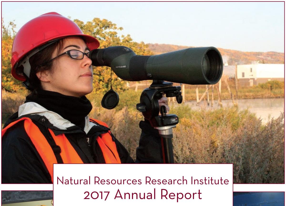 Top portion of Annual Report cover featuring a woman outdoors looking through a scope.