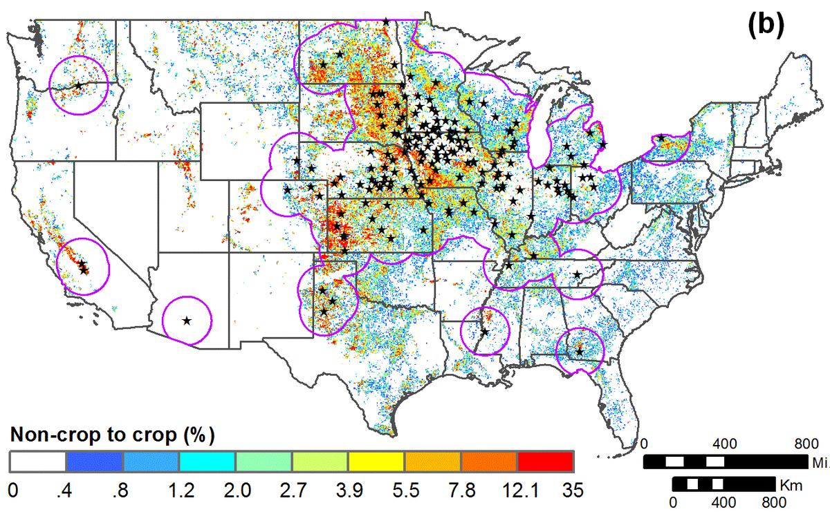 colorful map with stars to show ethanol plants and border of corn expansion