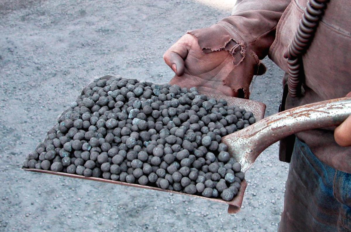 Two hands holding scoop end of shovel filled with grey round pellets